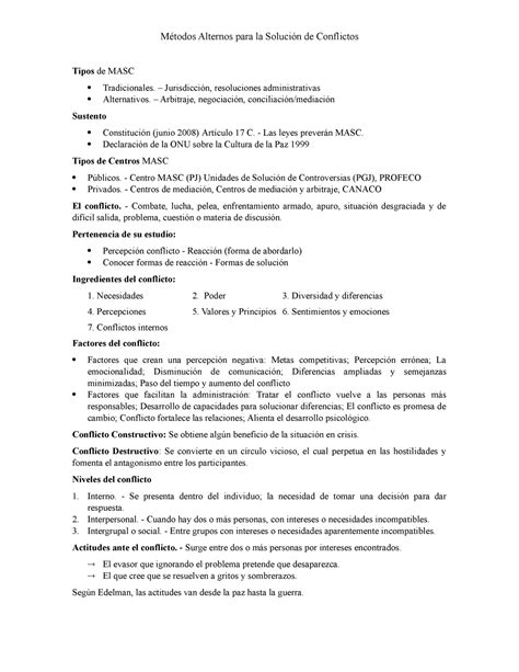 Temario Para Examen Medios Alternativos De Solucion De Conflictos