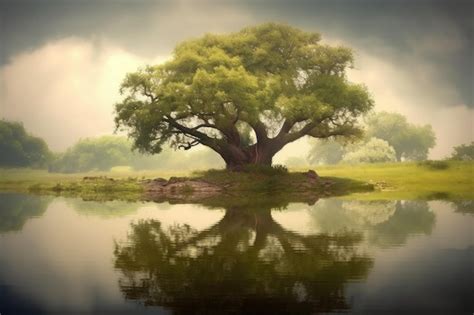 Premium AI Image Oak Tree Reflected In A Tranquil Pond Created With