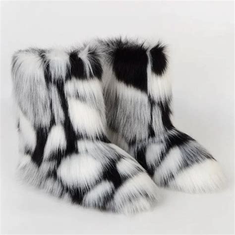 Black And White Furry Snow Boots Fluzzy Snow Mid Calf Boots Etsy