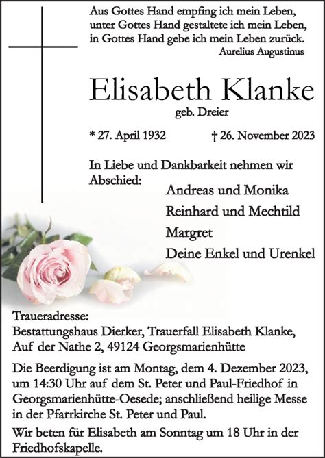 Traueranzeigen Von Elisabeth Klanke Noz Trauerportal