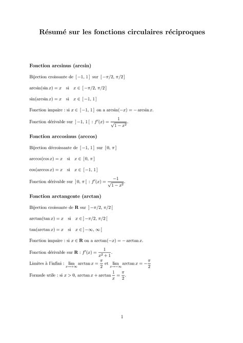 R Sum Sur Les Fonctions Circulaires R Ciproques R Esum E Sur Les