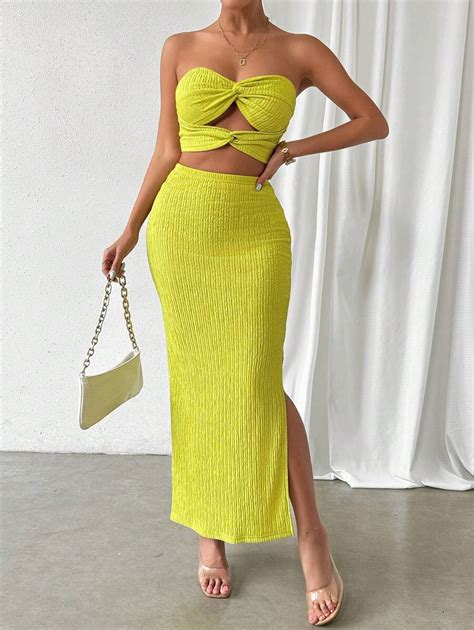 Shein Ezwear Women Solid Color Hollow Out Strapless Top And Bodycon