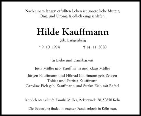 Traueranzeigen Von Hilde Kauffmann Trauer In Nrw De