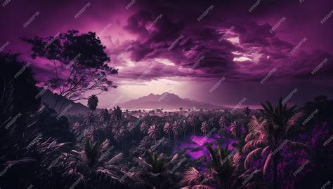 Premium Photo Purple Sky And Palm Treesgenerative Ai