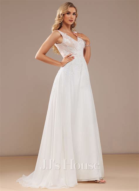 A Line V Neck Sweep Train Chiffon Lace Wedding Dress With Lace Sequins Split Front 002273933