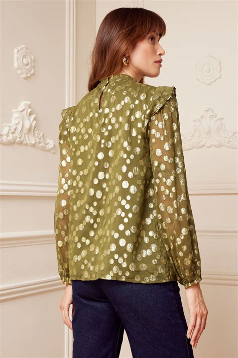 Buy Love And Roses Green Metallic Long Ruffle Sleeve High Neck Blouse From Next Ireland