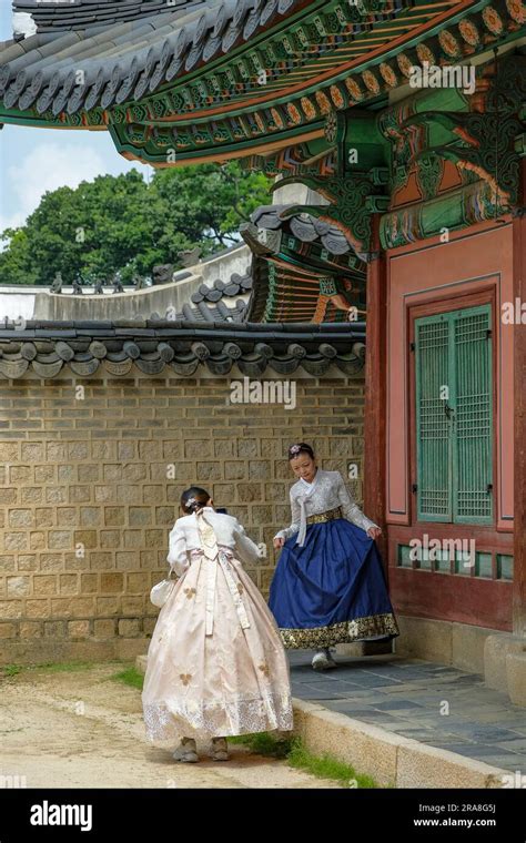 Seoul, South Korea - June 28, 2023: Two women in traditional korean ...