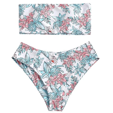 Zaful Floral Bandeau Bikini Set Strapless Bikini High Waisted Swimwear