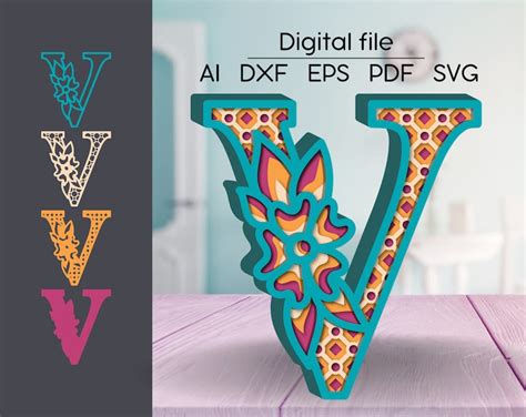 Letra V en capas SVG Alfabeto floral DXF Letras 3D Etsy México