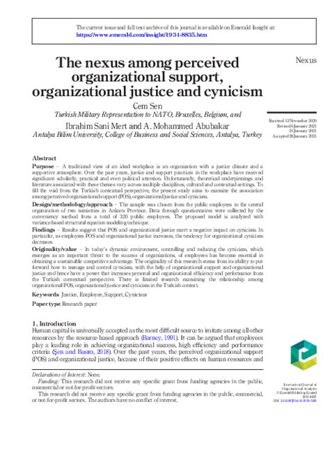 Pdf The Nexus Among Perceived Organizational Support Organizational