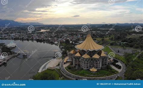 Cinematic Aerial Shot Of Sarawak Legislative Building Or Known As