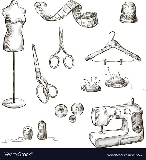 Set Of Sewing Accessories Drawings Royalty Free Vector Image