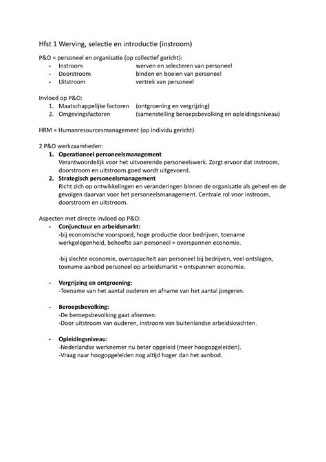 Hrm Samenvatting Hfst 1 Werving Selectie En Introductie Instroom P