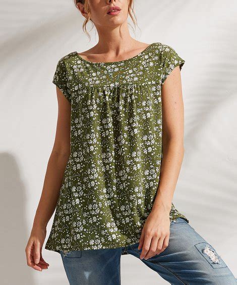 Simple By Suzanne Betro Olive Floral Boatneck Cap Sleeve Tunic Women