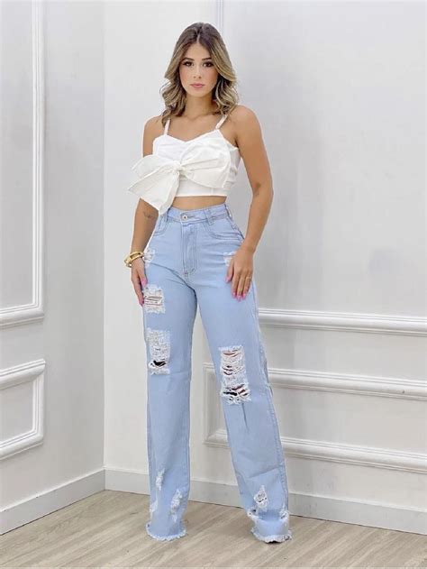 Calça Jeans wide leg pantalona destroyed Feminino