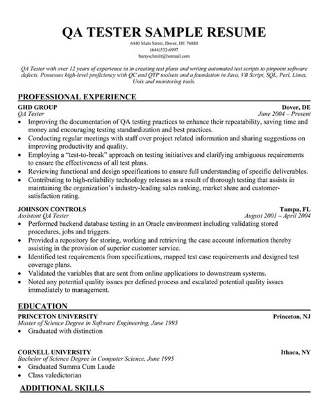 Qa Tester Resume Sample Quintessential Livecareer