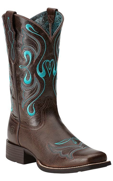 Ariat Womens Whimsy Fiddle Brown With Turquoise Embroidery Square Toe Western Boots Cowgirl