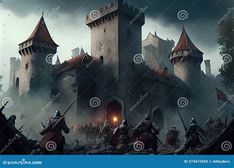 Medieval Castle Under Heavy Siege, with Armies of Attackers and ...