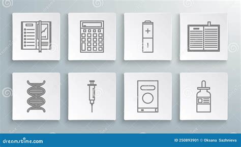 Set Line DNA Symbol Calculator Syringe Book Glass Bottle With