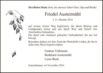 Traueranzeigen Von Friedrich Austerm Hl Trauer Hna De