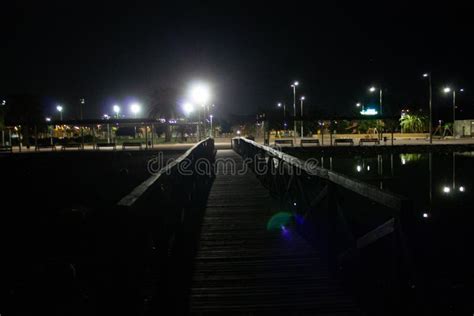 Wooden Bridge in Lake Park at Night Stock Image - Image of dark, gran ...