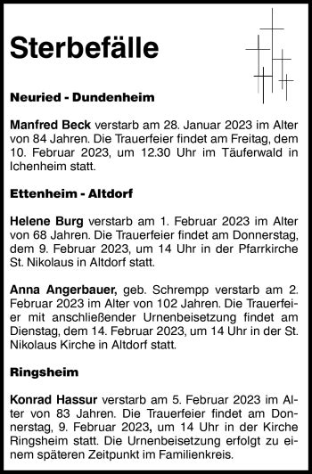 Traueranzeigen von Sterbefälle vom 08 02 2023 Schwarzwälder Bote Trauer