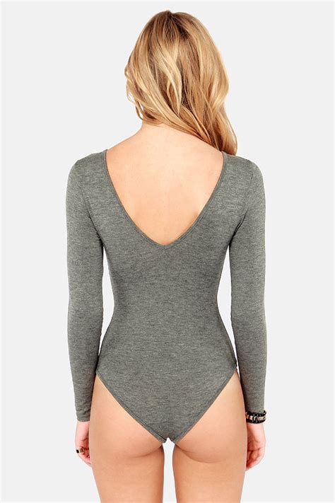 Cute Grey Bodysuit V Neck Bodysuit Long Sleeve Bodysuit