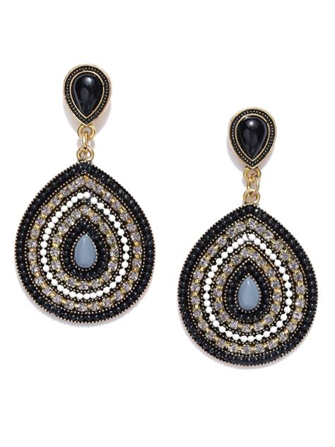 Black Gold Plated Stone Studded Teardrop Shaped Drop Earring At Rs