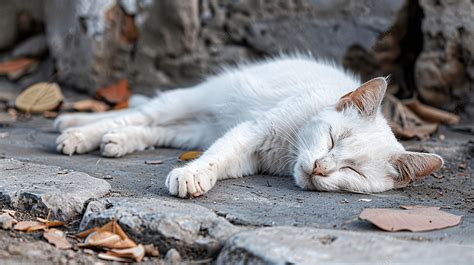 Un Gatto Bianco Di Strada Sdraiato Su Una Lastra Di Cemento Gatti