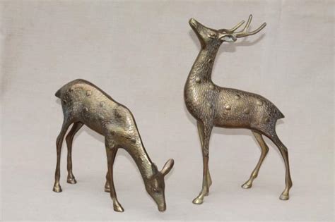 Large Solid Brass Deer Figurines Buck And Doe Spotted Deer Pair Vintage