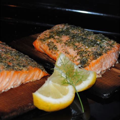 Cedar Plank Grilled Salmon With Garlic Lemon And Dill Recipe Allrecipes