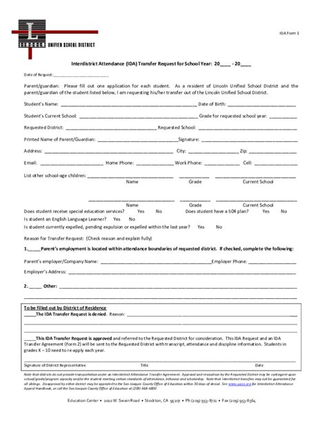 Fillable Online Interdistrict Attendance IDA Transfer Request For