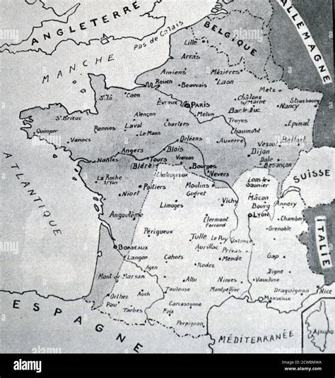 Black and white reproduction of a map of France with the Demarcation ...