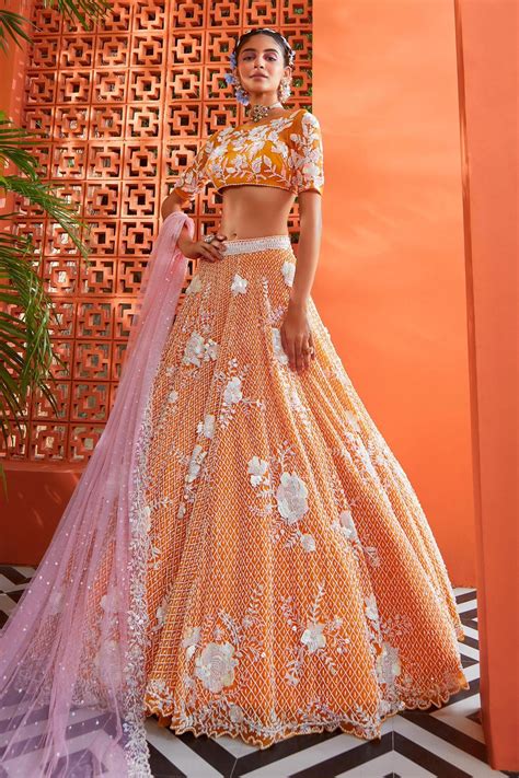 Buy Riantas Orange Net Floral Embroidered Lehenga Set Online Aza Fashions