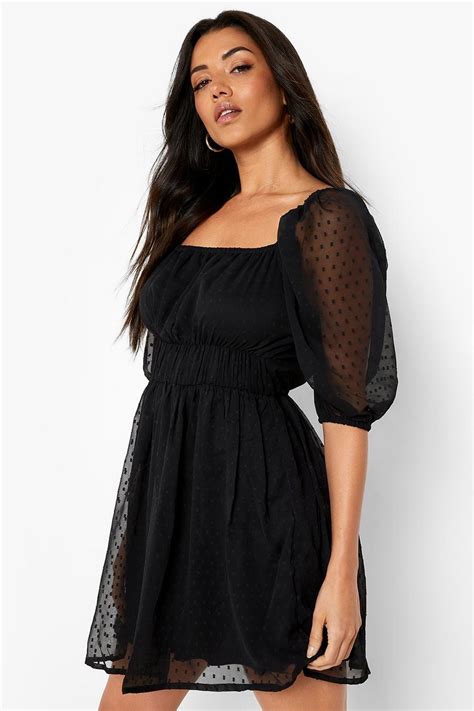 Dobby Mesh Puff Sleeve Skater Dress Boohoo Uk