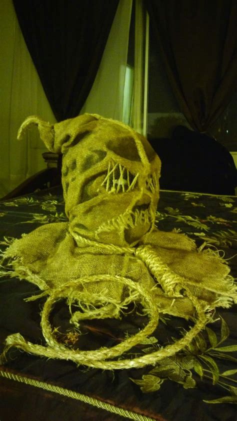 Finished With My Homemade One Of A Kind Burlap Scarecrow Mask Scarecrow Mask Scarecrow Burlap