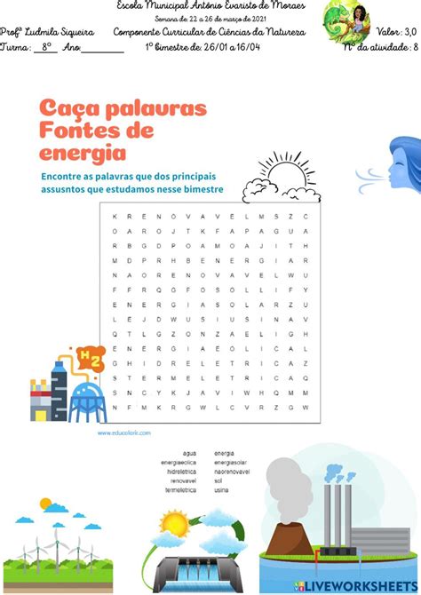 Avaliação Fontes de Energia worksheet