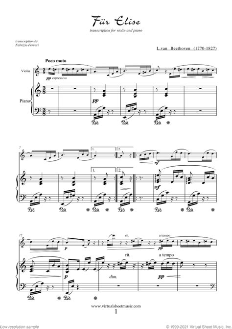 Fur Elise Sheet Music For Violin And Piano Pdf Interactive