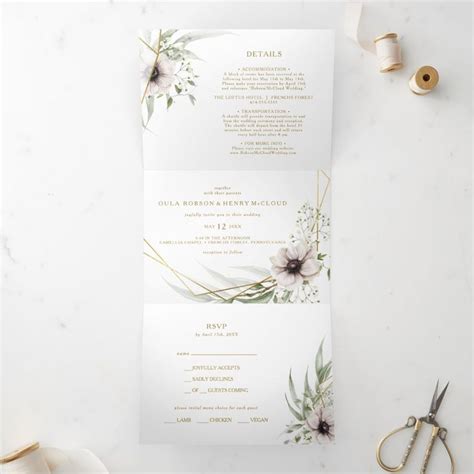 Eucalyptus Gold Geometric Wedding All In One Tri Fold Invitation Zazzle Geometric Wedding