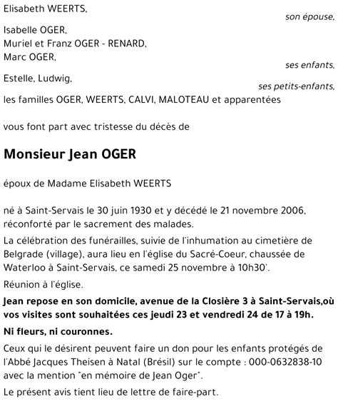 Avis De Décès De Jean Oger Décédé Le 21112006 à Saint Servais