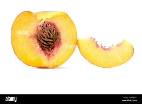 Peach Fruit Slice Close Up Isolated On White Background Stock Photo Alamy