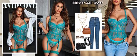 Avidlove Lingerie For Women Lace Corset And Panty Outfits Garter Lingerie Sets Blue Green Xs