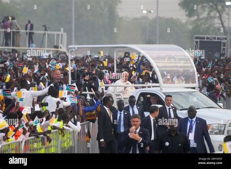 Pope Francis Arrives To Celebrate Mass At The John Garang Mausoleum In