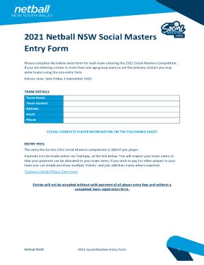 Fillable Online 2021 Netball NSW Social Masters Entry Form Fax Email