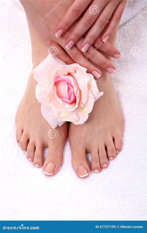 Pedicure On Legs And Beautiful Manicure On Hands Closeup Stock Image