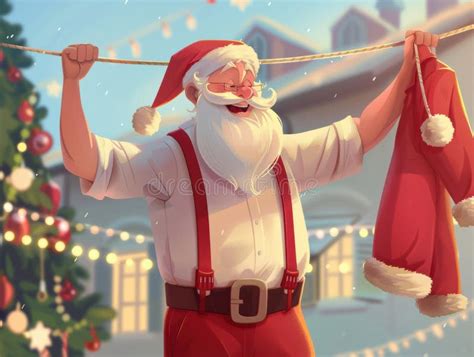 Illustration Of Santa Claus Smiling And Hanging Up His Red Suit Ai