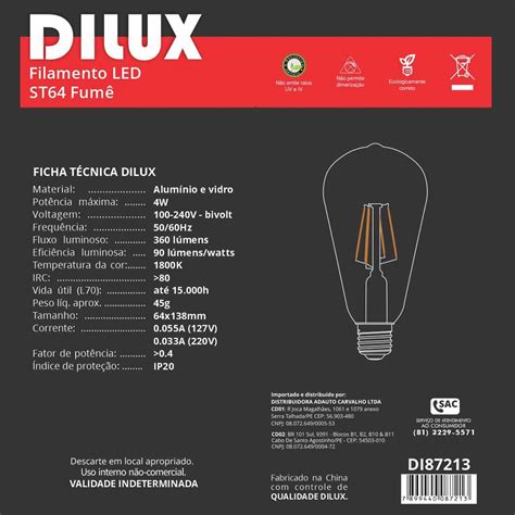 Lâmpada Filamento Led 4W Pêra ST64 Bivolt 1800K Fumê Dilux