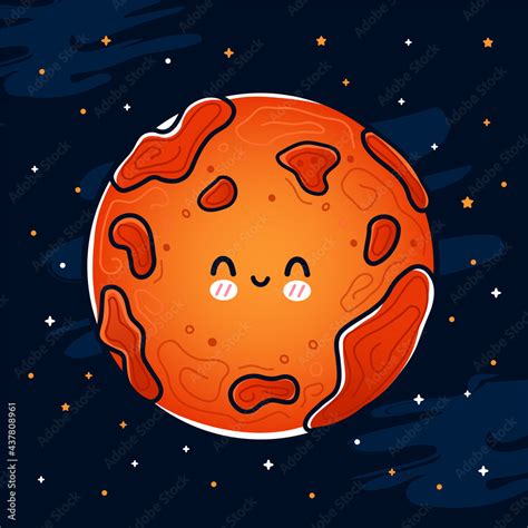 Cute Funny Happy Smile Mars Planet In Space Vector Hand Drawn Cartoon