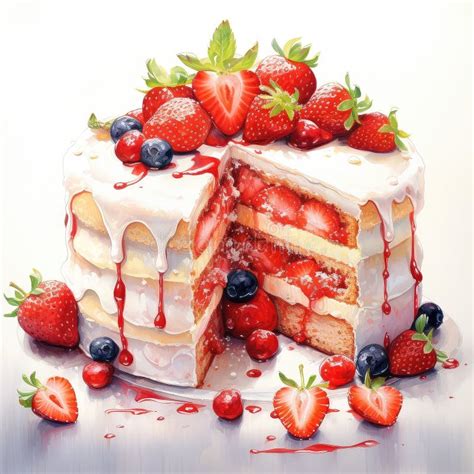 Watercolor Homemade Naked Layered Vanilla Cake With Whipped Cream And Fresh Berries On Top On A