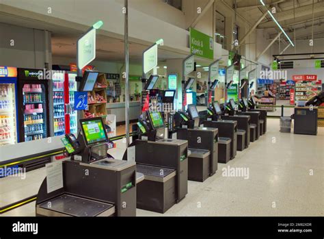 Asda Supermarket Interior Self Service Checkout Machines Stock Photo